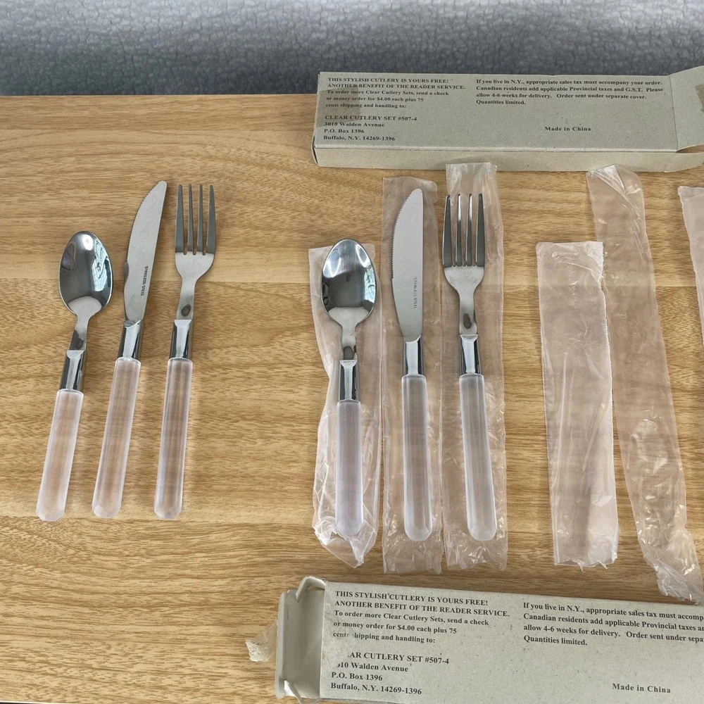 Vintage Reader Service Clear Cutlery Set 6pc Stainless Steel Frosted Handles